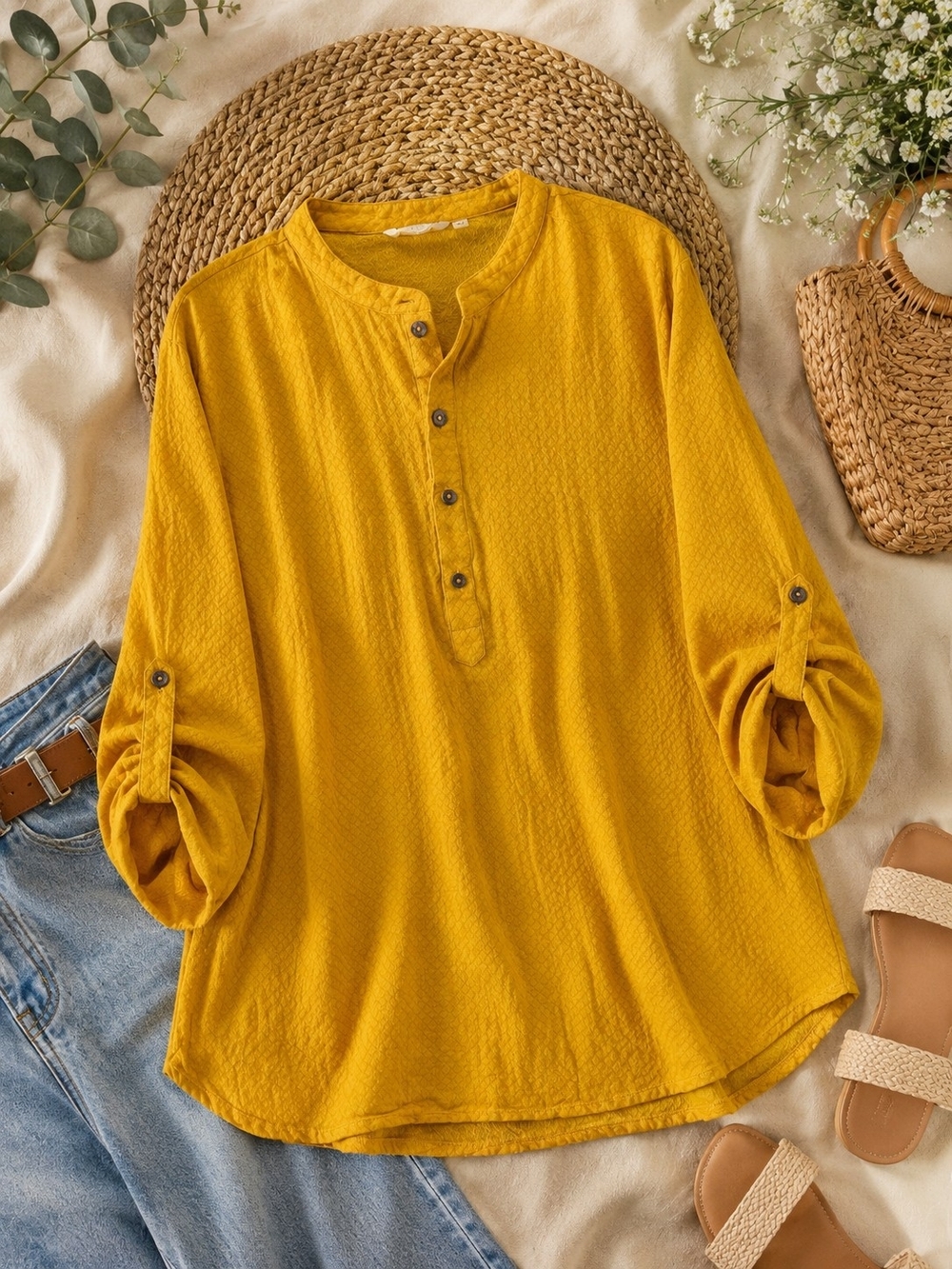 Matiere Mustard Yellow Textured Cotton Henley Blouse Women's Large Boho Top